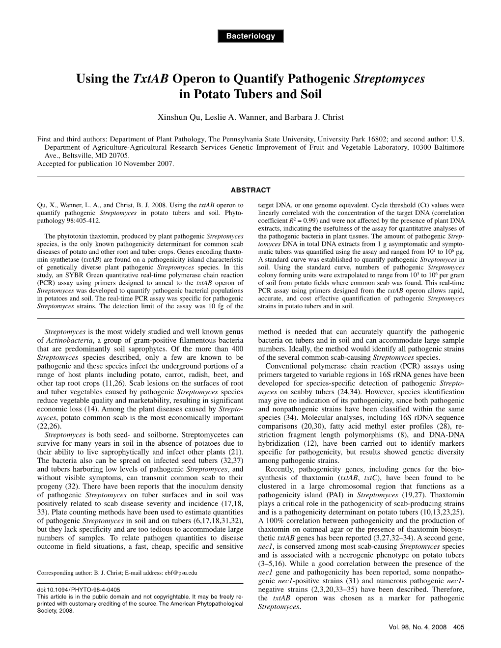 Using the Txtab Operon to Quantify Pathogenic Streptomyces in Potato Tubers and Soil