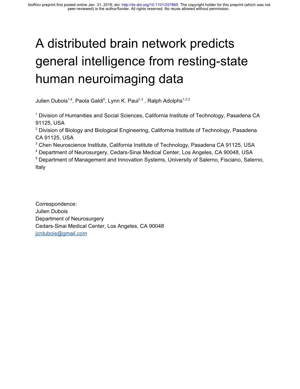 A Distributed Brain Network Predicts General Intelligence from Resting-State Human Neuroimaging Data