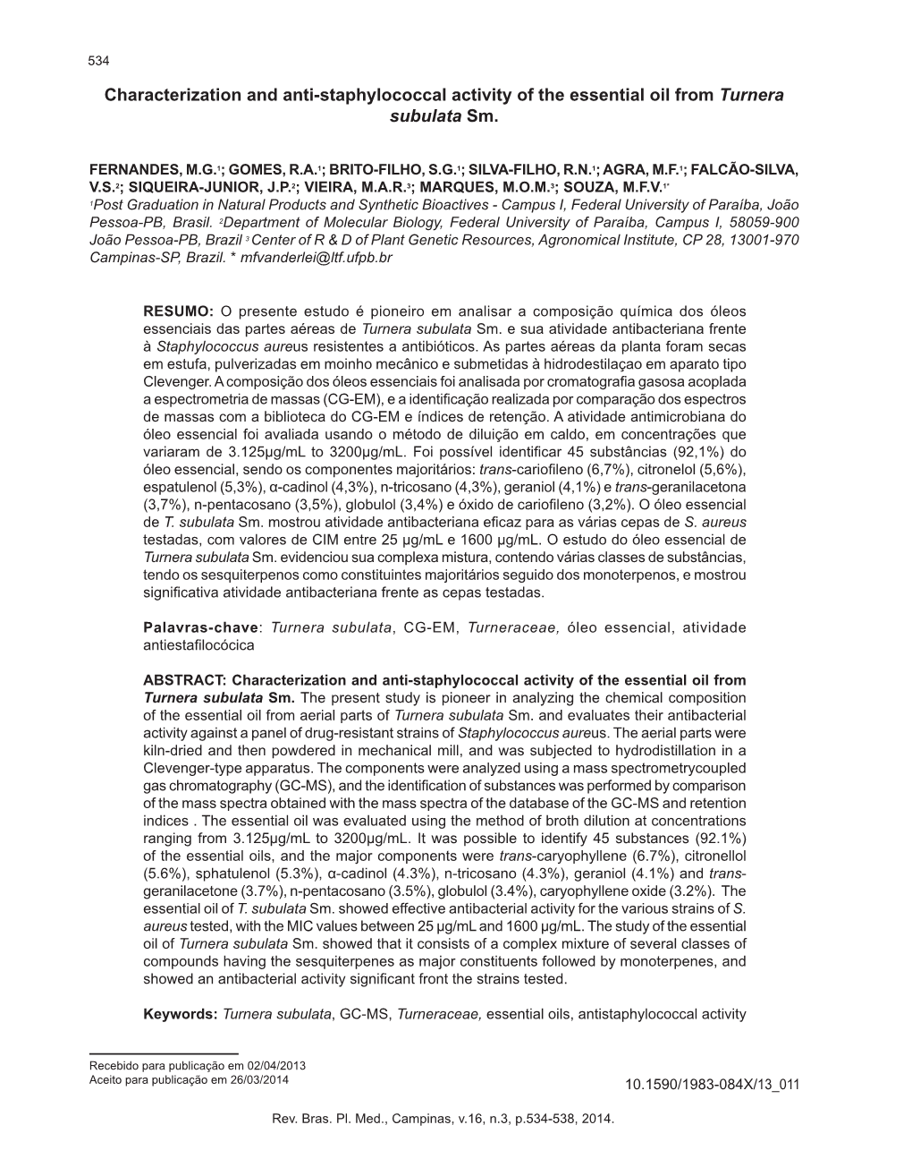 Characterization and Anti-Staphylococcal Activity of the Essential Oil from Turnera Subulata Sm