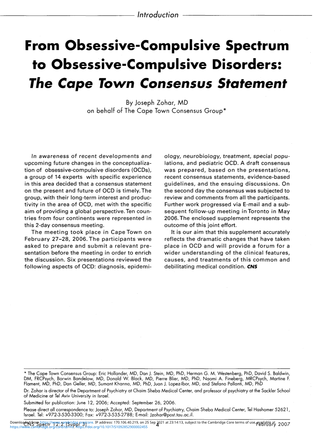 From Obsessive-Compulsive Spectrum to Obsessive-Compulsive Disorders: the Cape Town Consensus Statement