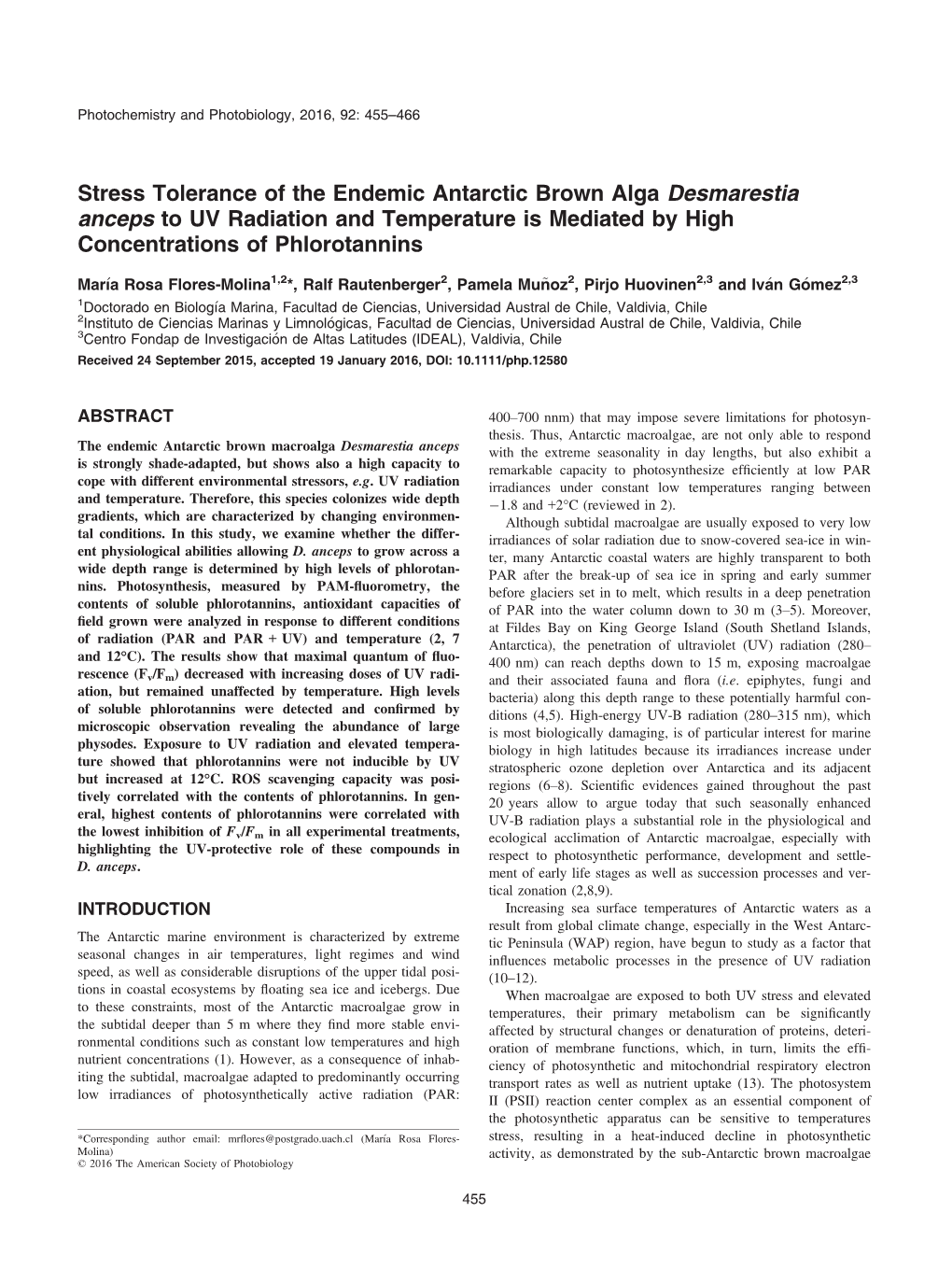 Stress Tolerance of the Endemic Antarctic Brown Alga Desmarestia Anceps to UV Radiation and Temperature Is Mediated by High Concentrations of Phlorotannins