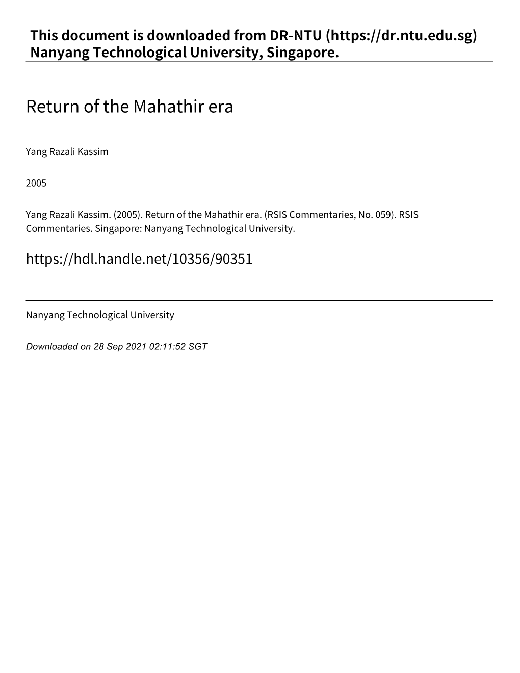 Return of the Mahathir Era