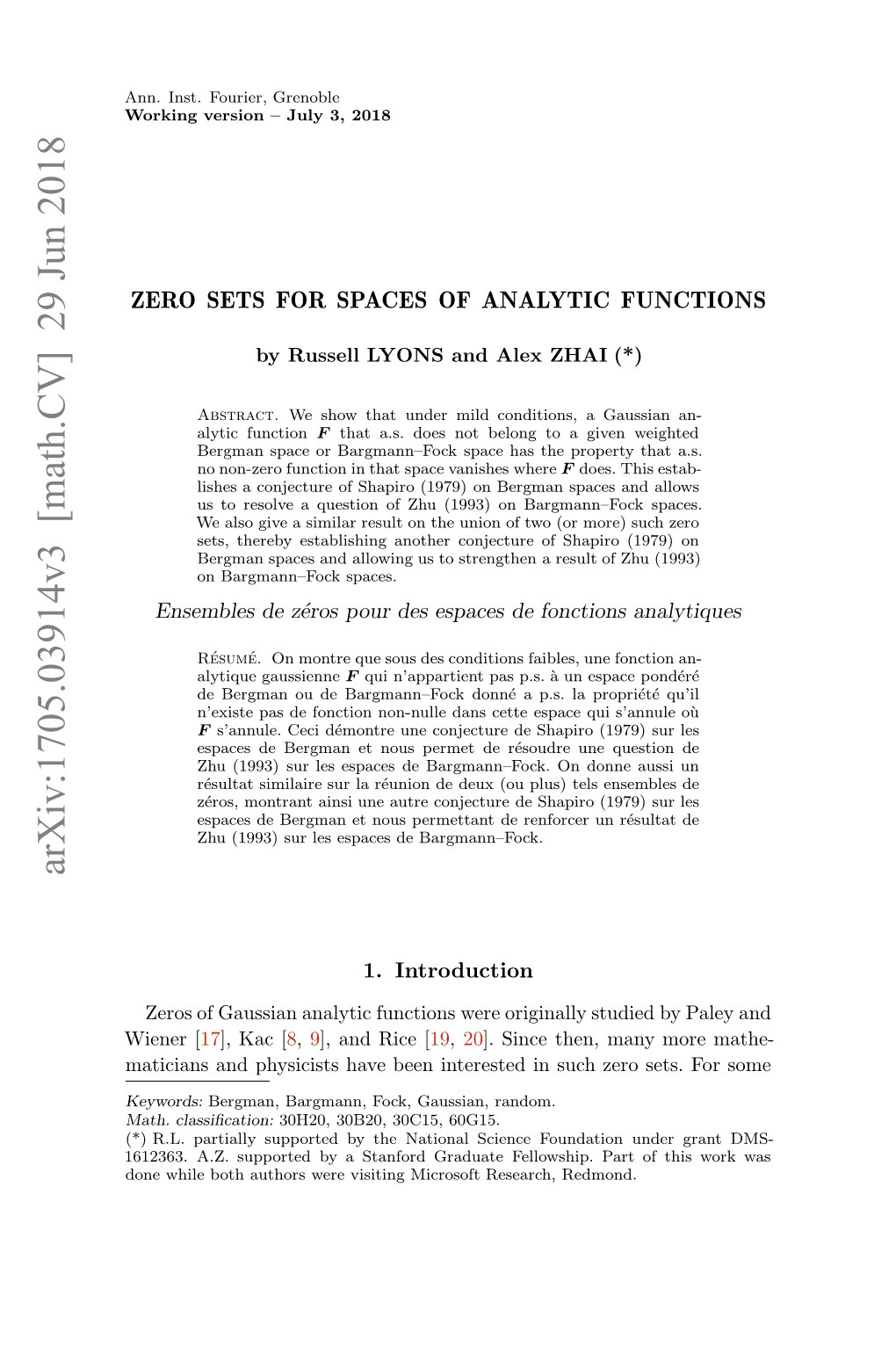 Zero Sets for Spaces of Analytic Functions 3