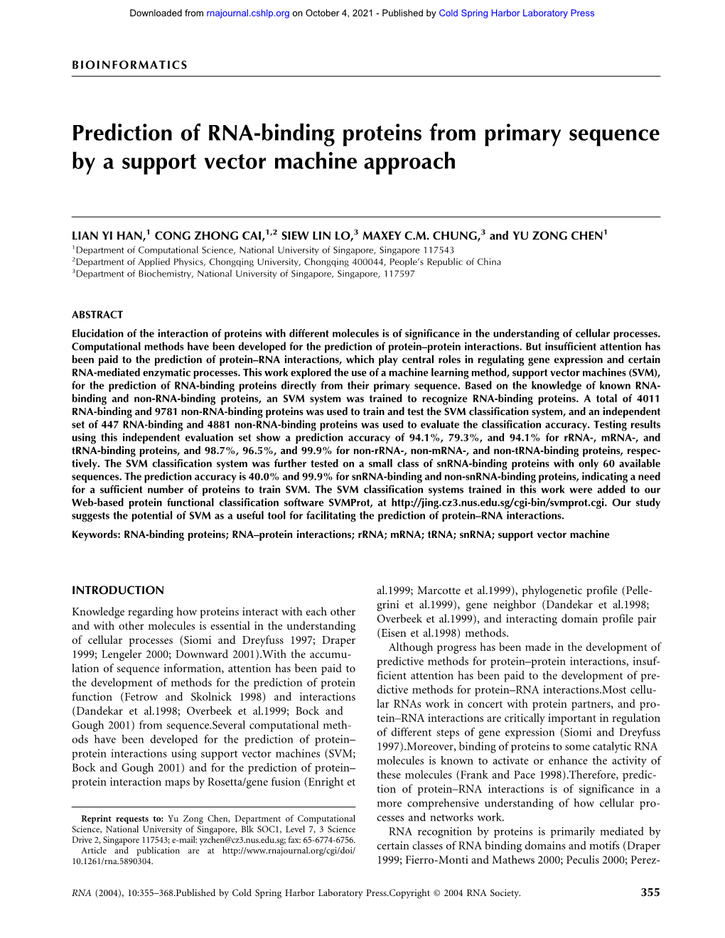 Prediction of RNA-Binding Proteins from Primary Sequence by a Support Vector Machine Approach