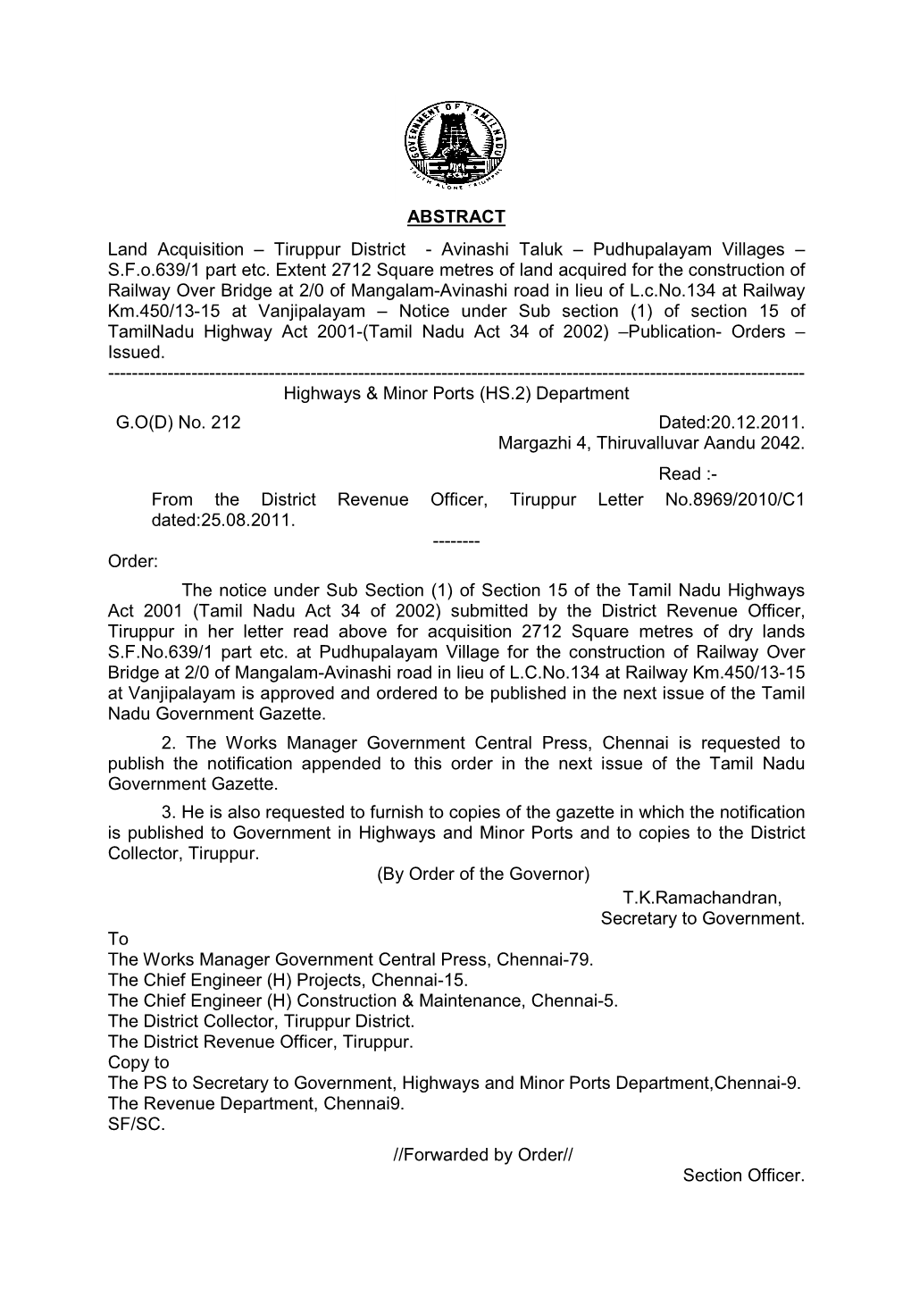 ABSTRACT Land Acquisition – Tiruppur District