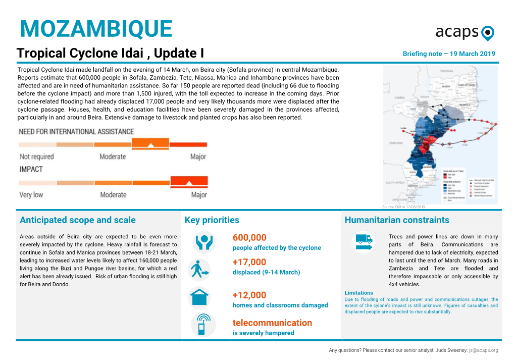 MOZAMBIQUE Tropical Cyclone Idai , Update I Briefing Note – 19 March 2019