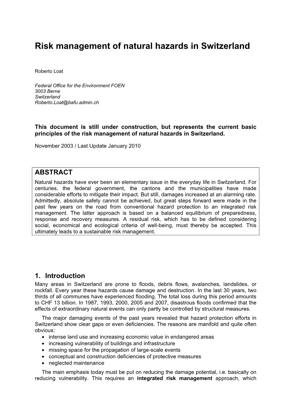 Risk Management of Natural Hazards in Switzerland