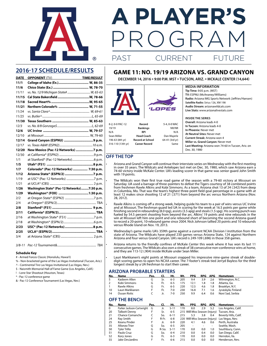 2016-17 Schedule/Results Game 11: No. 19/19 Arizona Vs