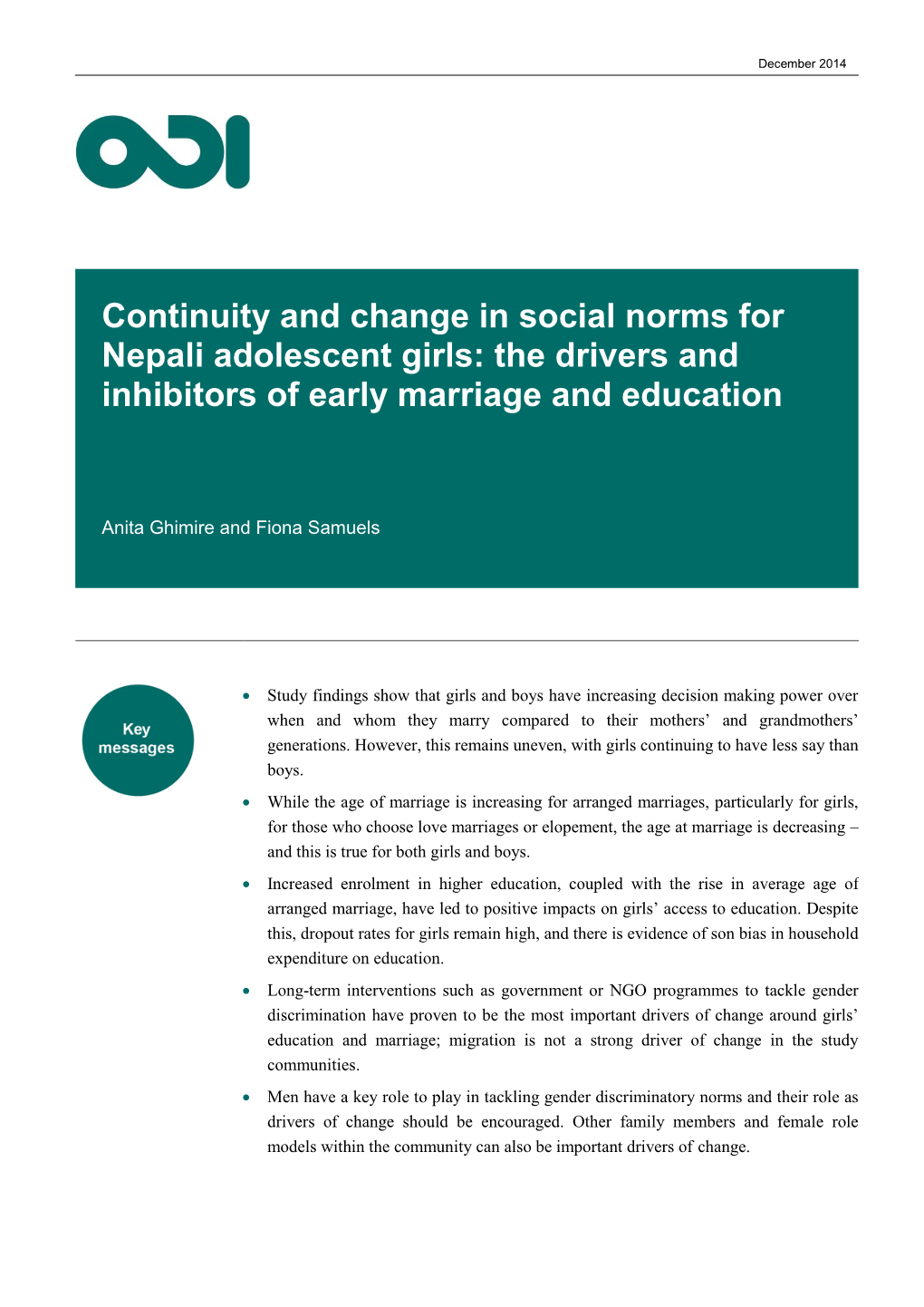 Continuity and Change in Social Norms for Nepali Adolescent Girls: the Drivers and Inhibitors of Early Marriage and Education