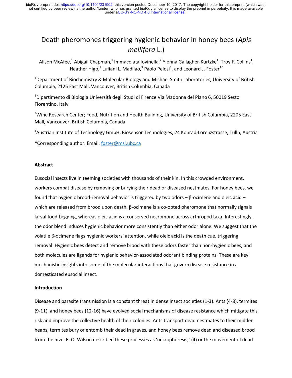 Death Pheromones Triggering Hygienic Behavior in Honey Bees (Apis Mellifera L.)