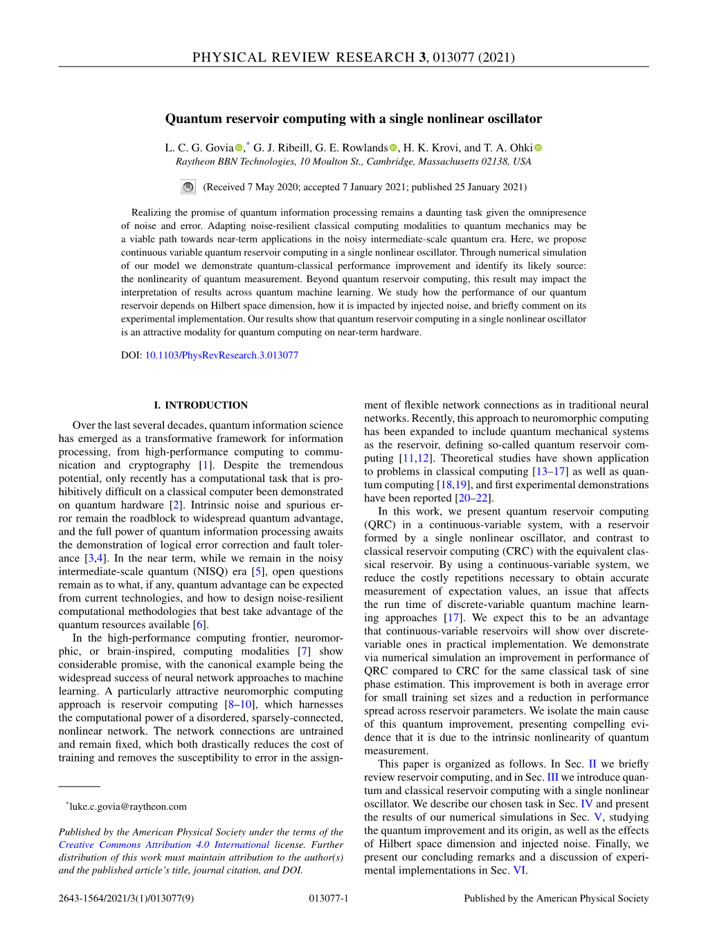 (2021) Quantum Reservoir Computing with a Single Nonlinear Oscillator