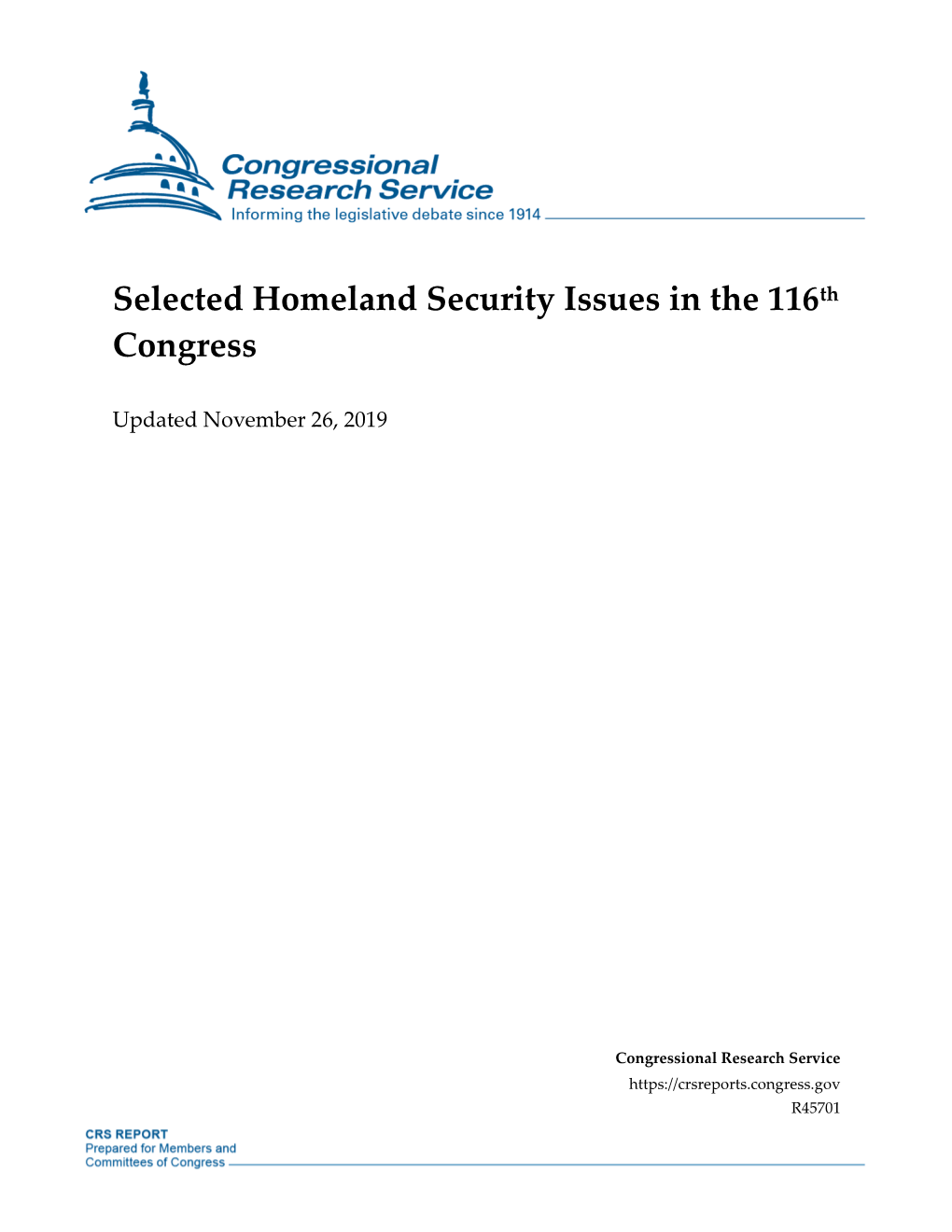 Selected Homeland Security Issues in the 116Th Congress