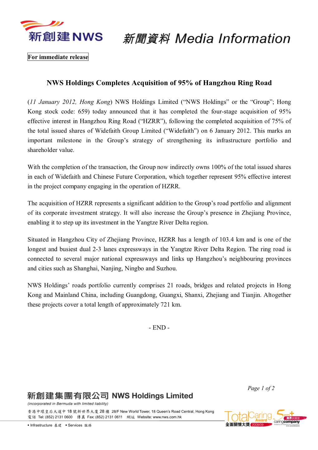 NWS Holdings Completes Acquisition of 95% of Hangzhou Ring Road