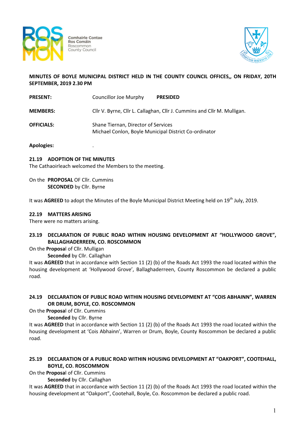 Minutes of Boyle Municipal District Held in the County Council Offices,, on Friday, 20Th September, 2019 2.30 Pm