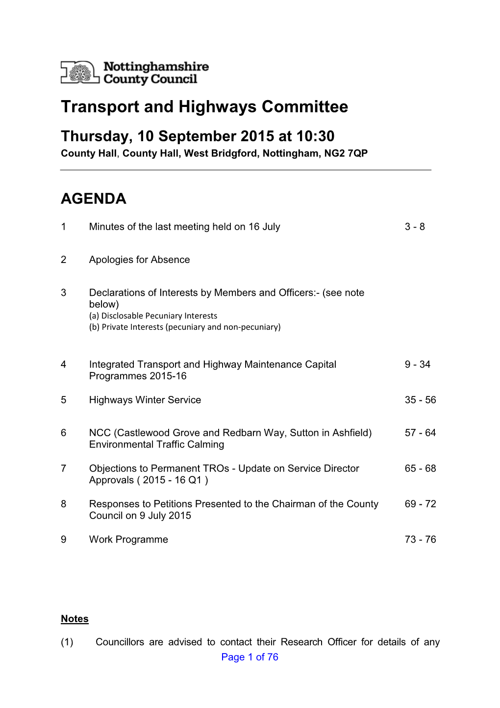 Transport and Highways Committee Thursday, 10 September 2015 at 10:30 County Hall , County Hall, West Bridgford, Nottingham, NG2 7QP