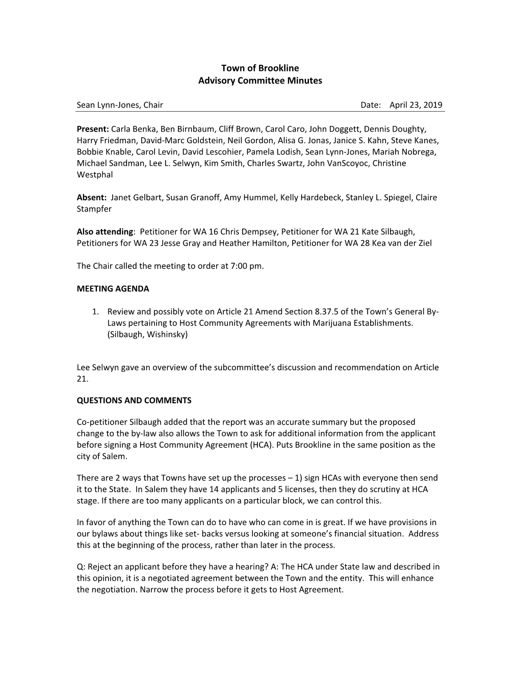 Town of Brookline Advisory Committee Minutes