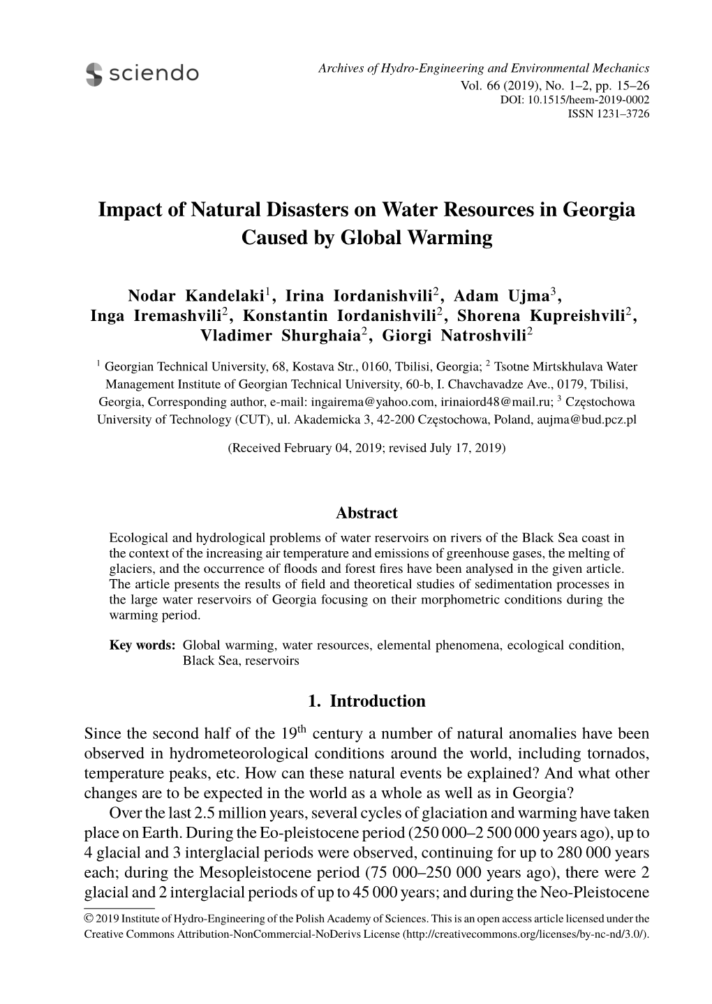 Impact of Natural Disasters on Water Resources in Georgia Caused by Global Warming