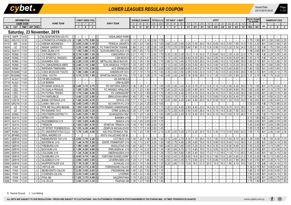 Lower Leagues Regular Coupon 23/11/2019 09:25 1 / 27