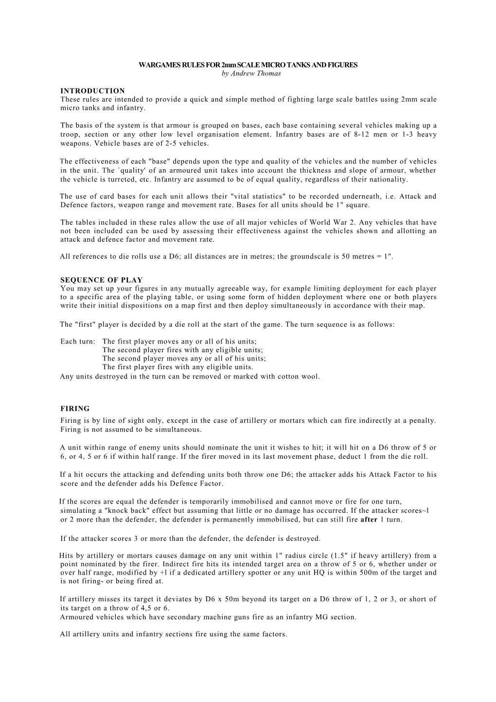 WARGAMES RULES for 2Mm SCALE MICRO TANKS and FIGURES by Andrew Thomas INTRODUCTION These Rules Are Intended to Provide a Quick A