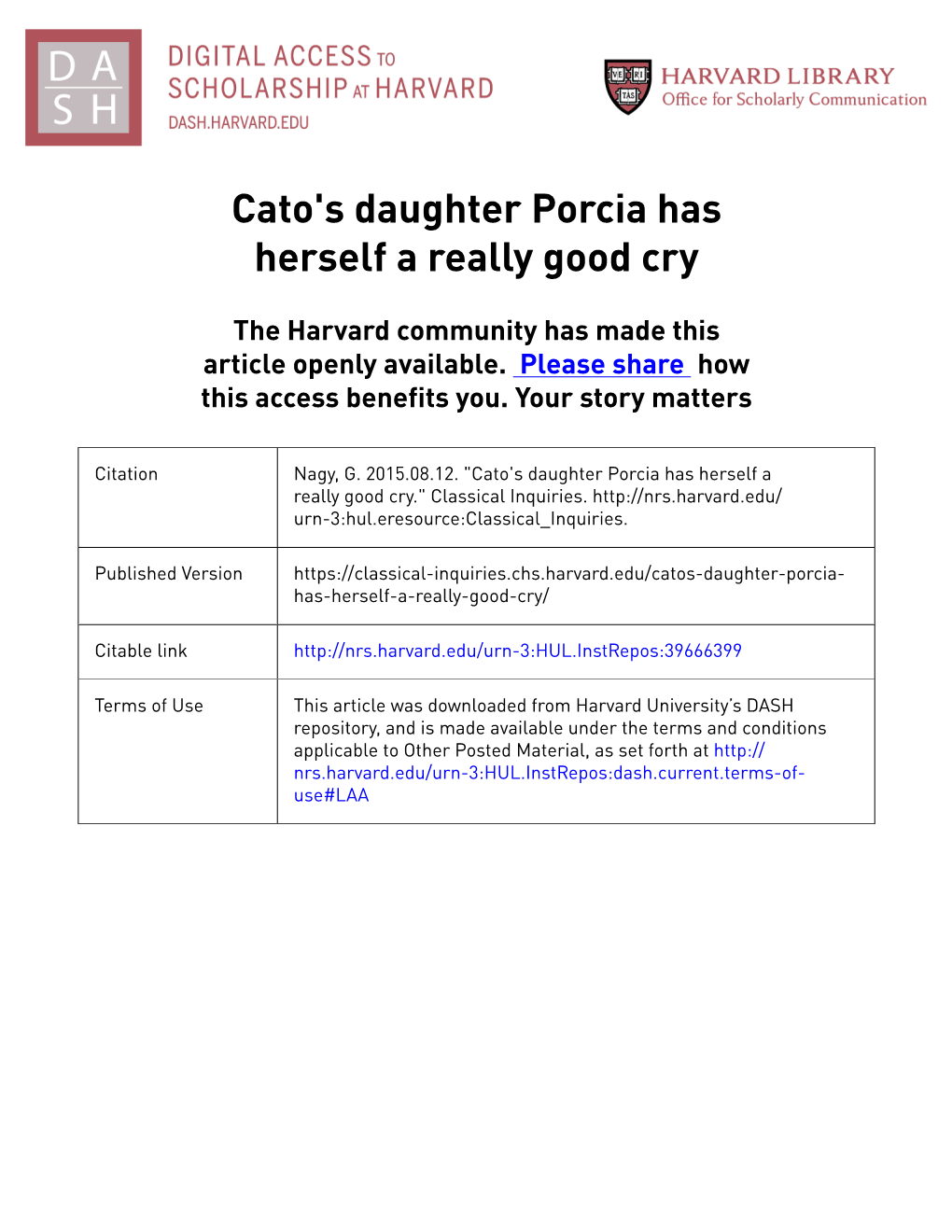 Cato's Daughter Porcia Has Herself a Really Good Cry