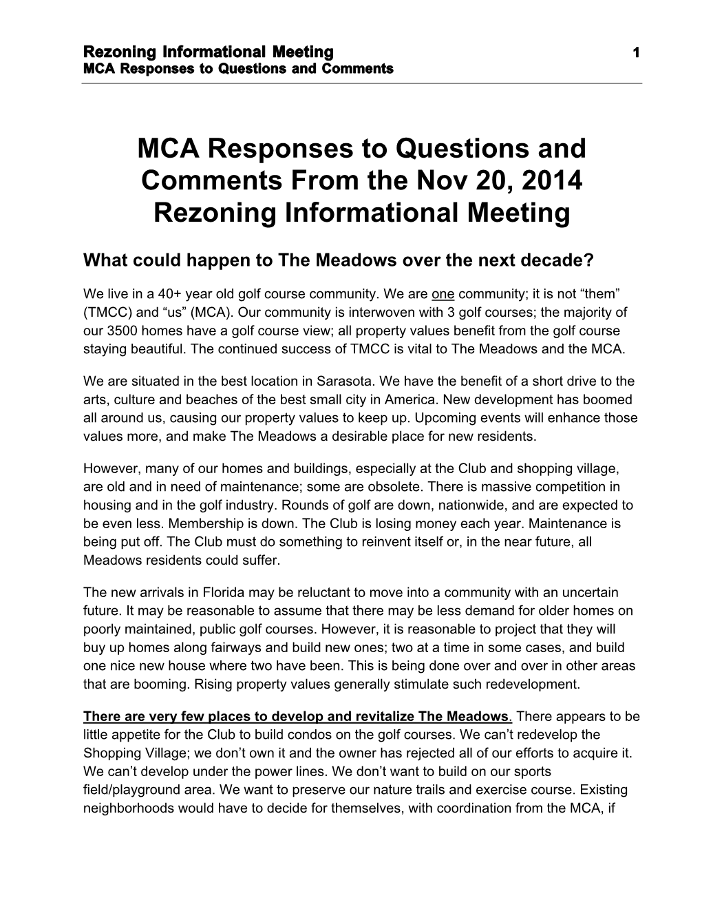 Rezoning Informational Meeting, MCA Responses to Questions And