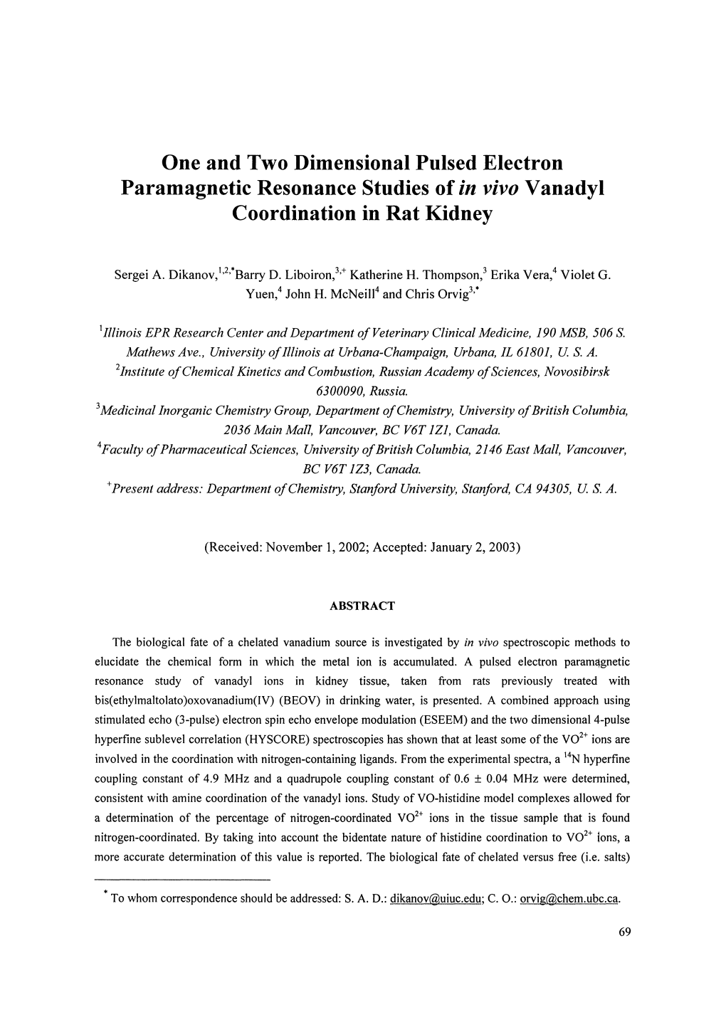 Paramagnetic Resonance Studies of Invivo Vanadyl