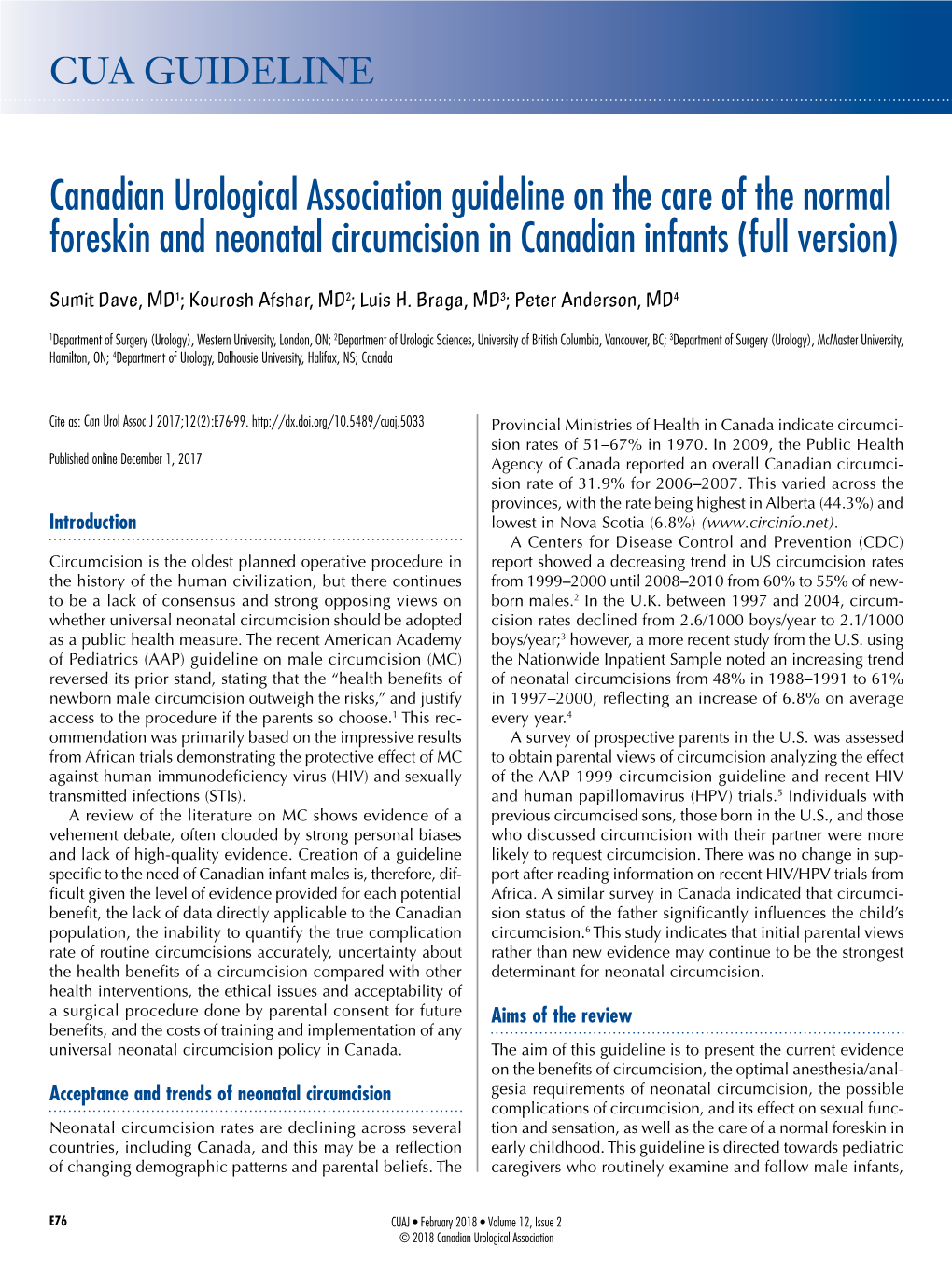 Canadian Urological Association Guideline on the Care of the Normal Foreskin and Neonatal Circumcision in Canadian Infants (Full Version)
