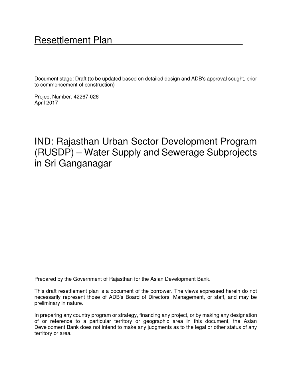 Rajasthan Urban Sector Development Program (RUSDP) – Water Supply and Sewerage Subprojects in Sri Ganganagar