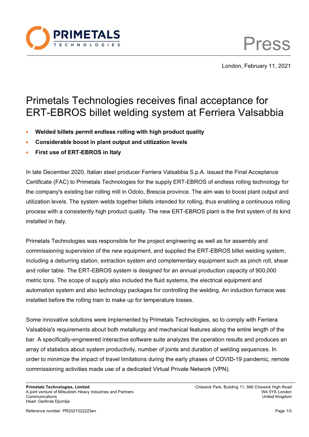 Primetals Technologies Receives Final Acceptance for ERT-EBROS Billet Welding System at Ferriera Valsabbia