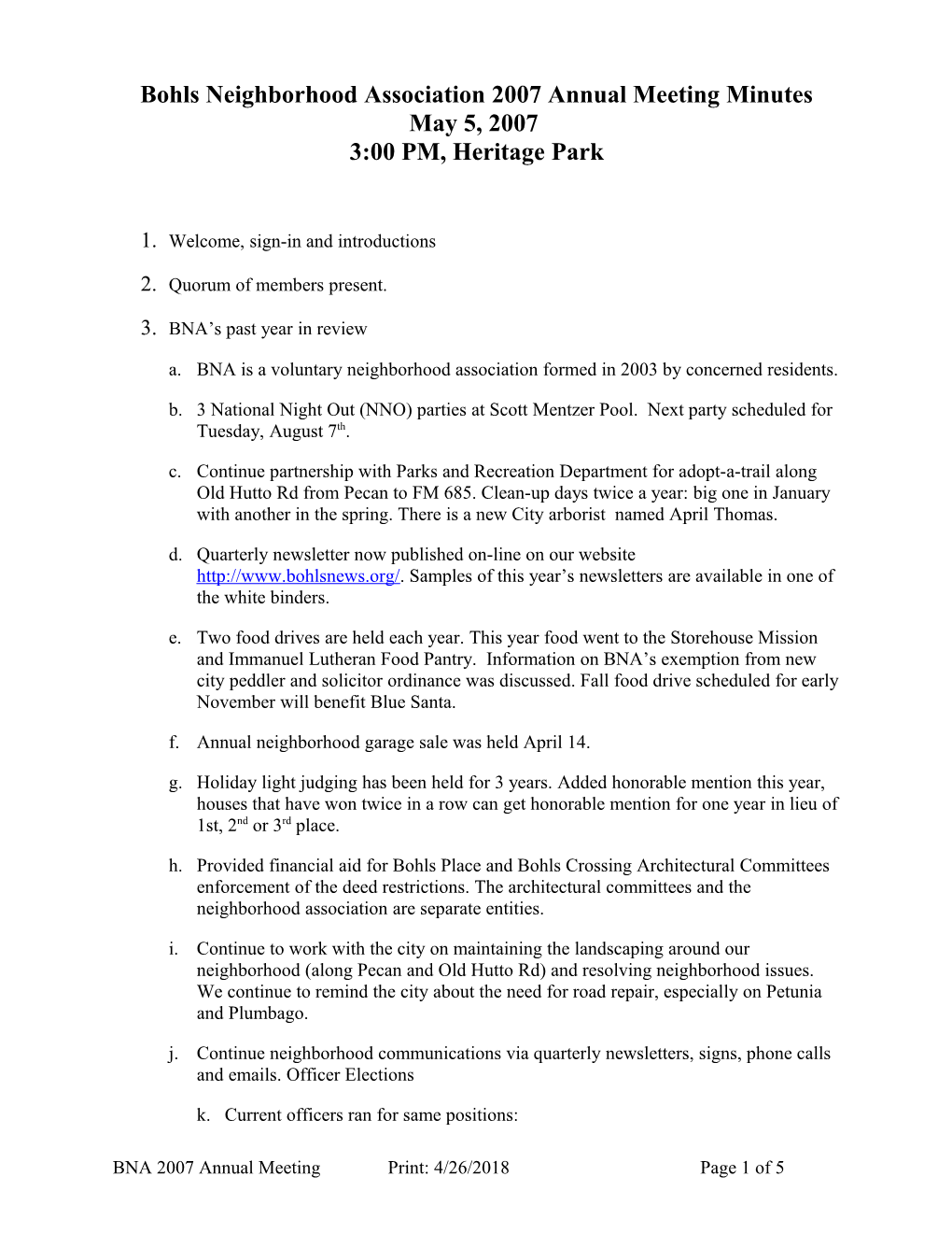 Bohls Neighborhood Association 2006 Annual Meeting Agenda