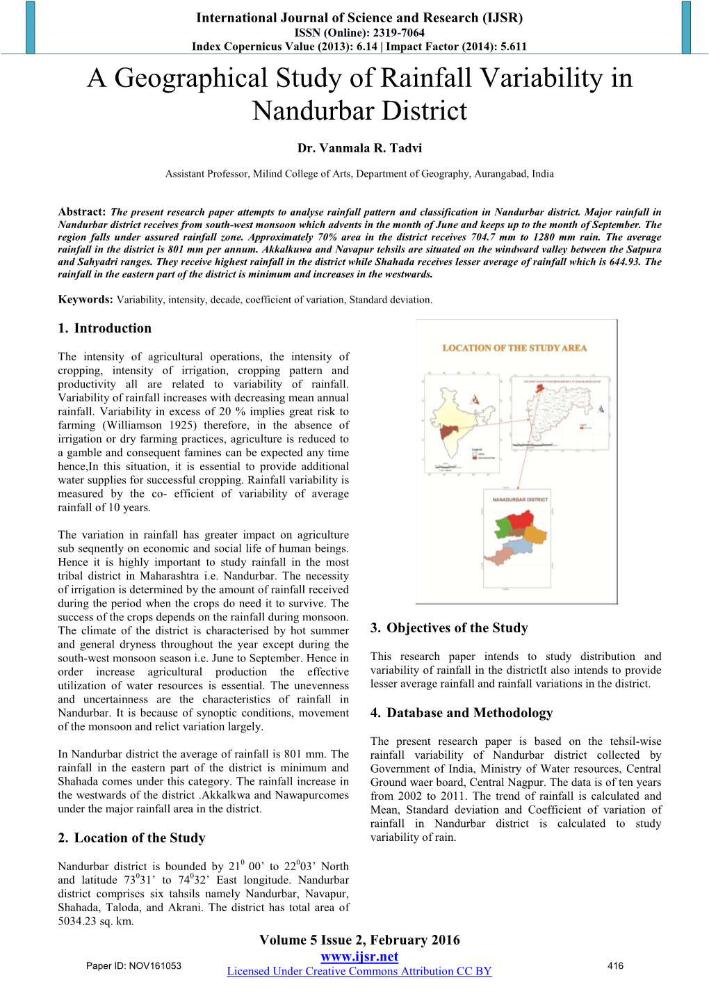 A Geographical Study of Rainfall Variability in Nandurbar District