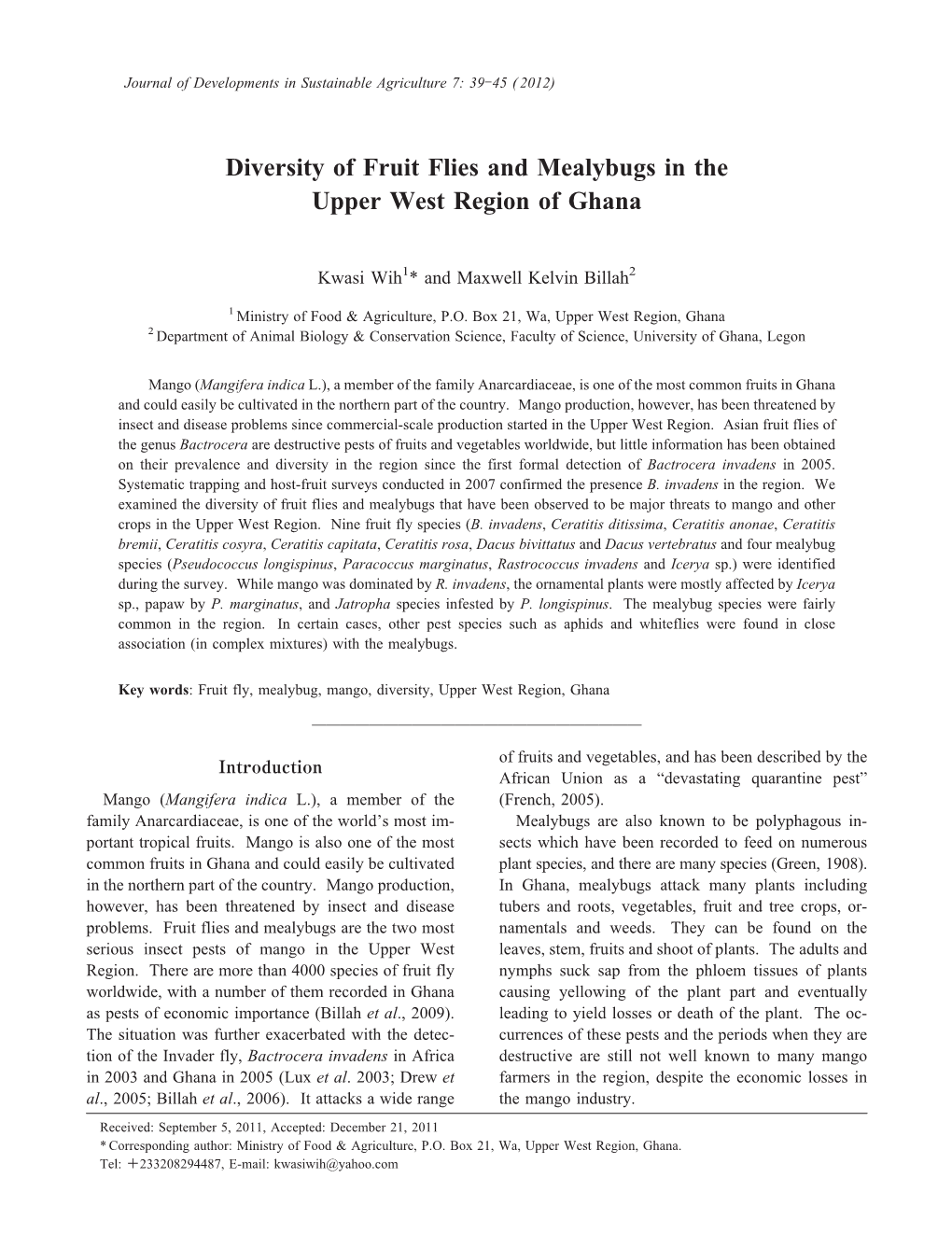 Diversity of Fruit Flies and Mealybugs in the Upper West Region of Ghana