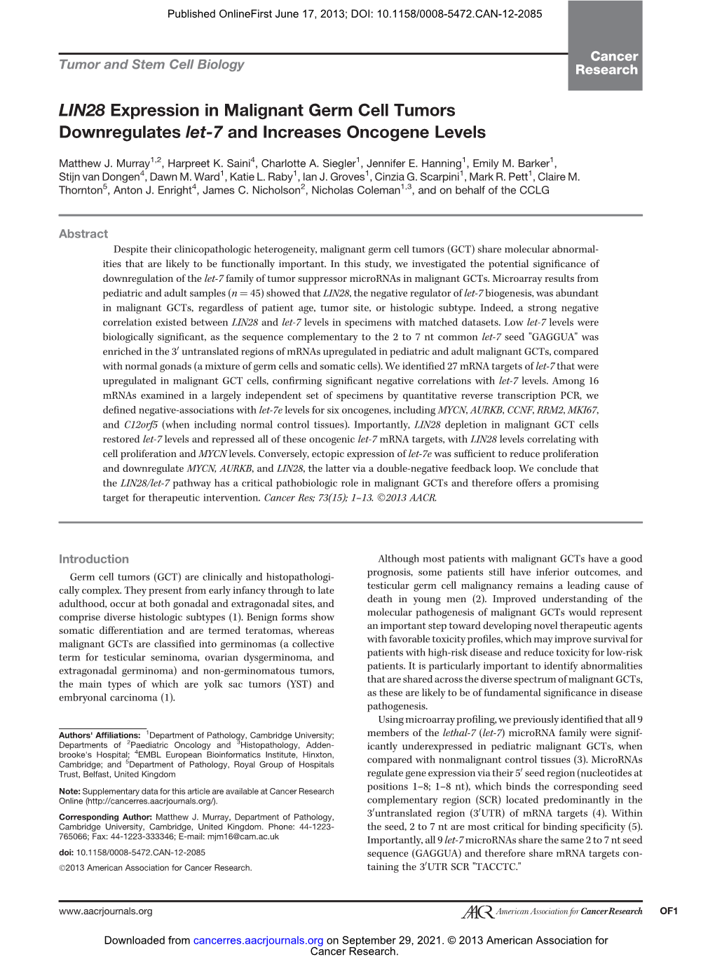 LIN28 Expression in Malignant Germ Cell Tumors Downregulates Let-7 and Increases Oncogene Levels