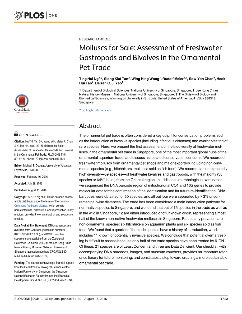 Assessment of Freshwater Gastropods and Bivalves in the Ornamental Pet Trade