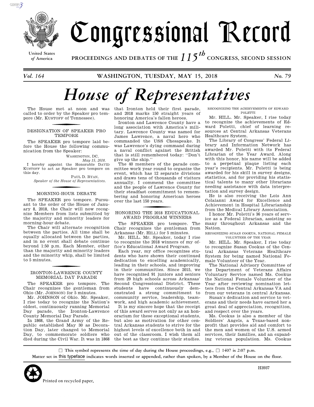 Congressional Record United States Th of America PROCEEDINGS and DEBATES of the 115 CONGRESS, SECOND SESSION