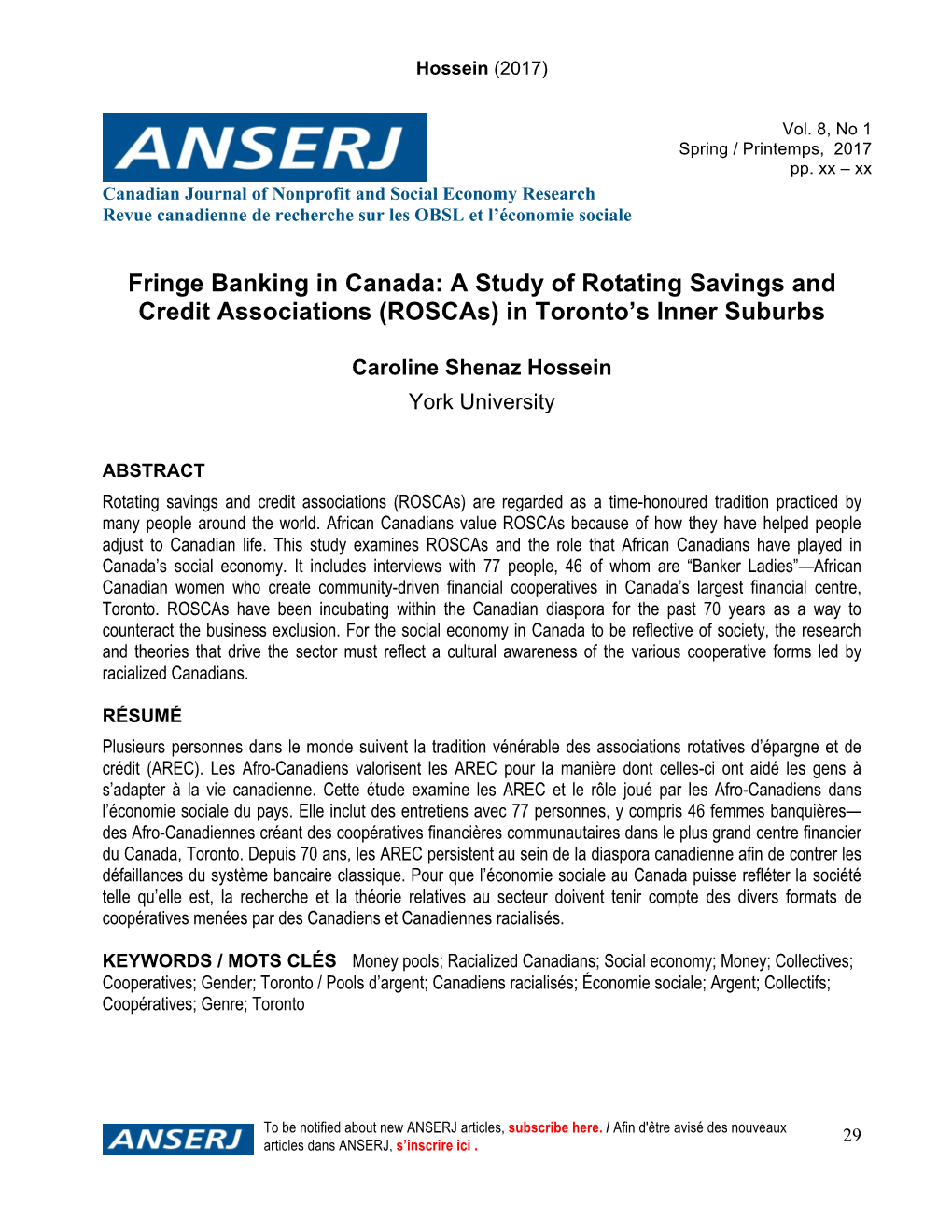 A Study of Rotating Savings and Credit Associations (Roscas) in Toronto’S Inner Suburbs