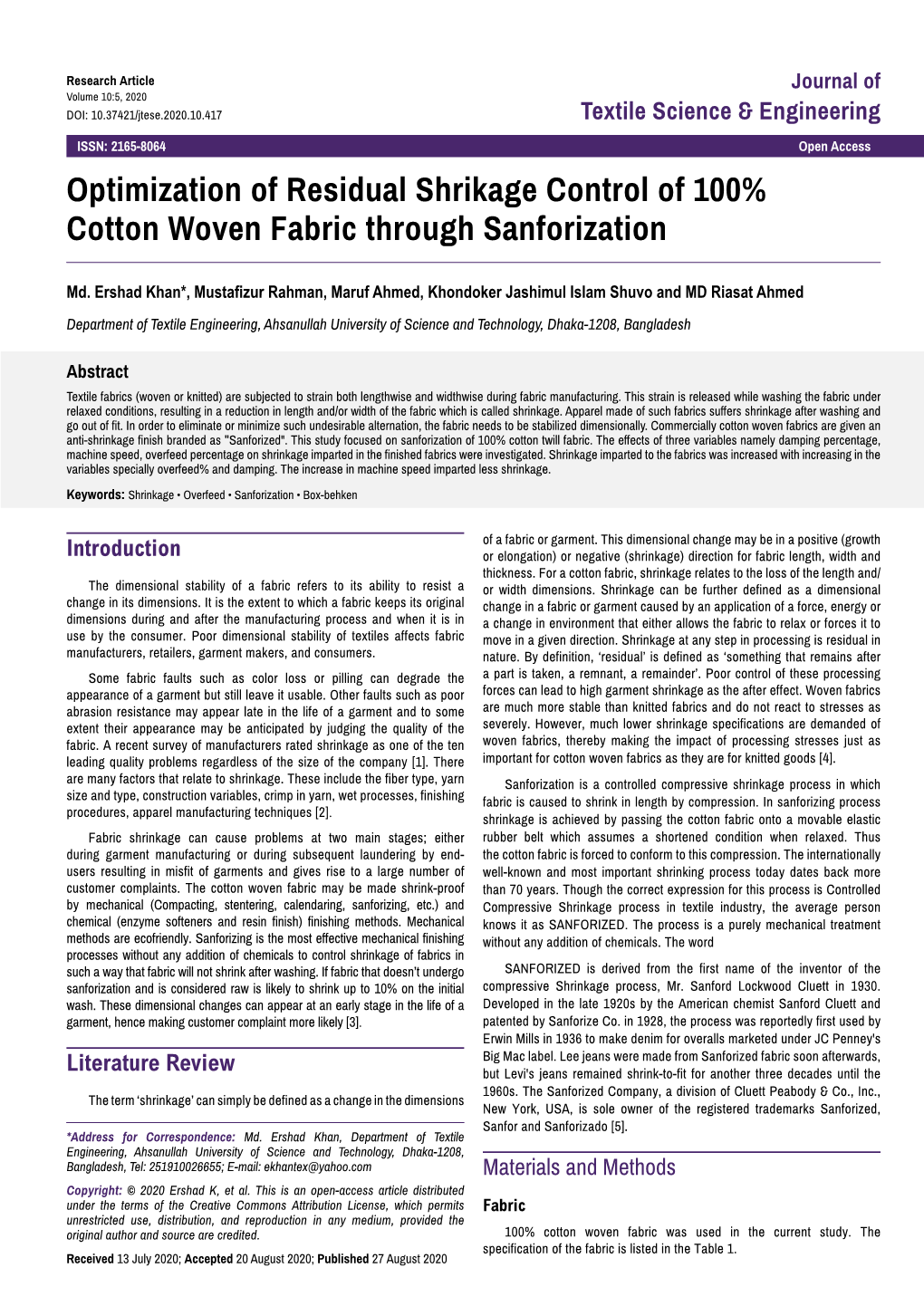 Optimization of Residual Shrikage Control of 100% Cotton Woven Fabric Through Sanforization