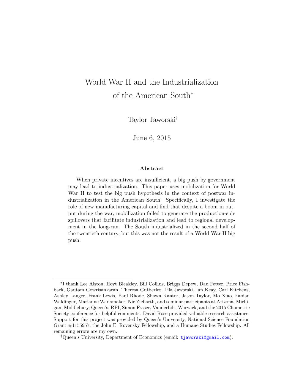 World War II and the Industrialization of the American South∗
