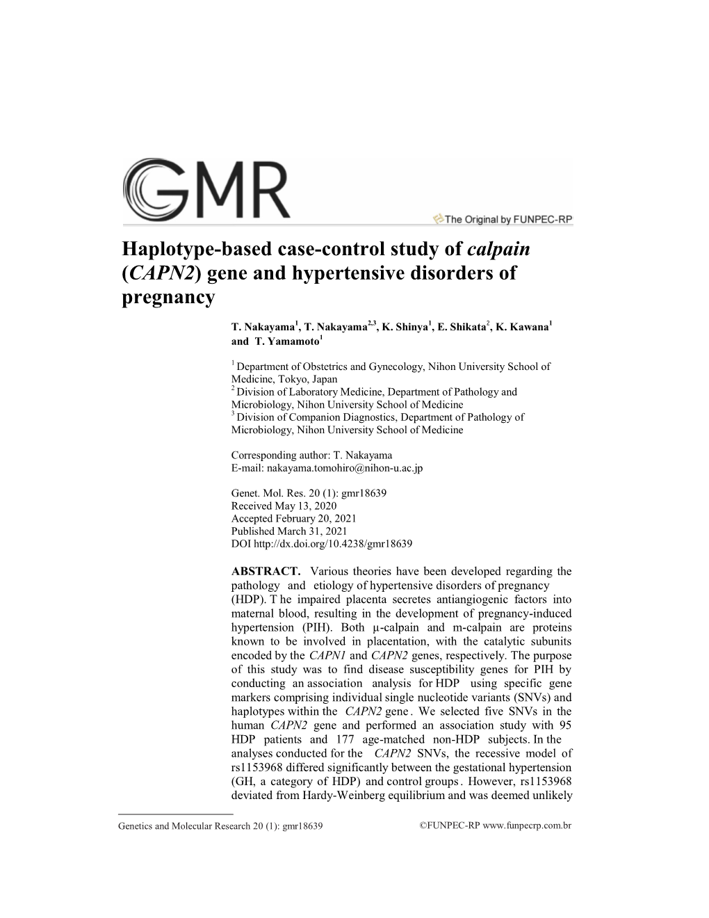 Haplotype-Based Case-Control Study of Calpain (CAPN2) Gene and Hypertensive Disorders of Pregnancy