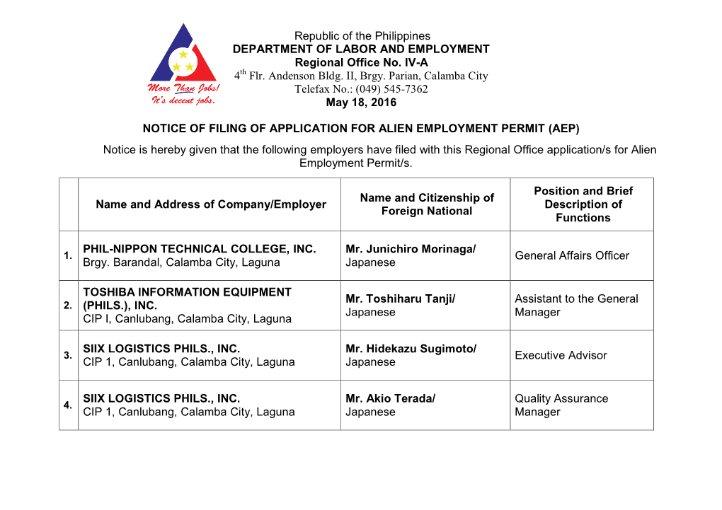 Republic of the Philippines DEPARTMENT of LABOR and EMPLOYMENT Regional Office No