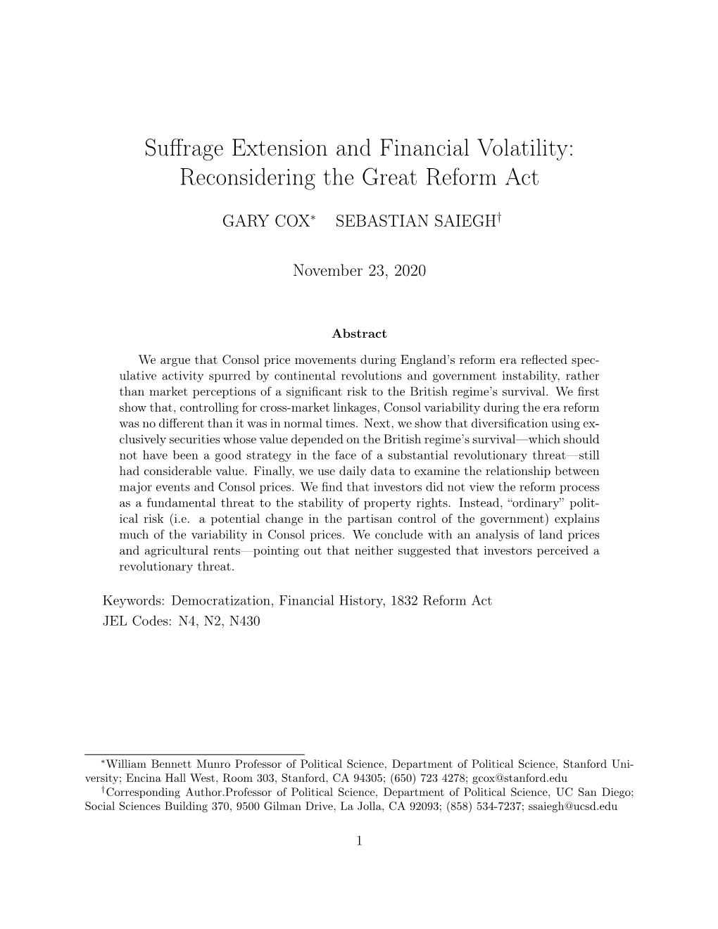 Suffrage Extension and Financial Volatility: Reconsidering the Great