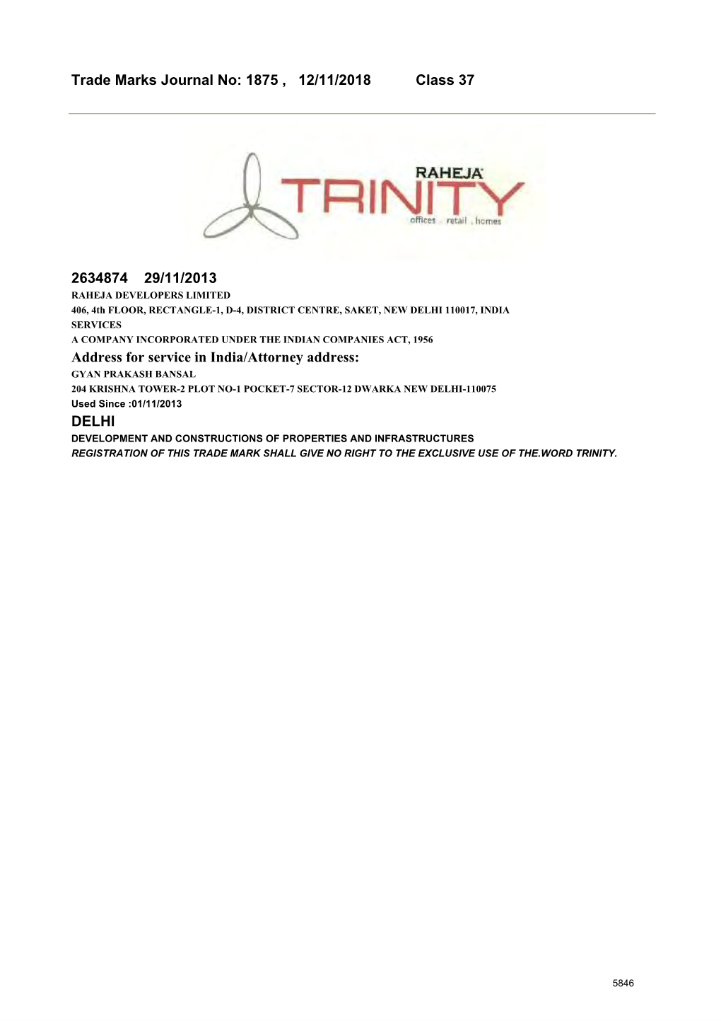 Trade Marks Journal No: 1875 , 12/11/2018 Class 37