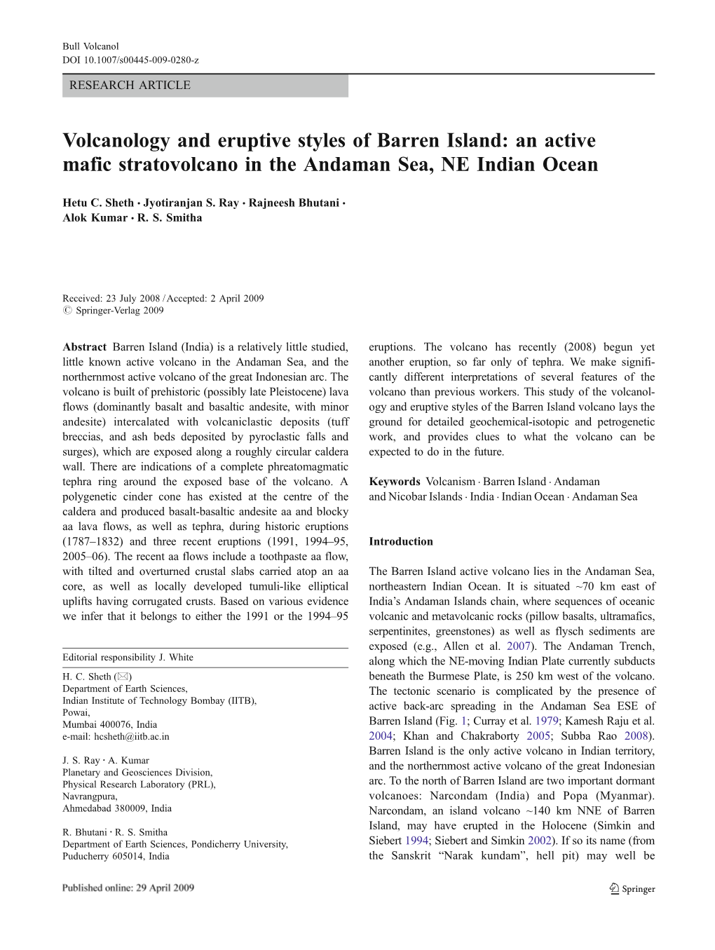 Volcanology and Eruptive Styles of Barren Island: an Active Mafic Stratovolcano in the Andaman Sea, NE Indian Ocean