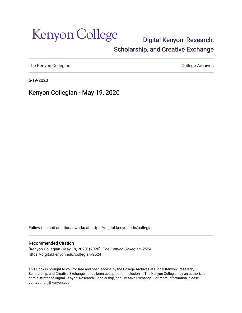 Kenyon Collegian College Archives