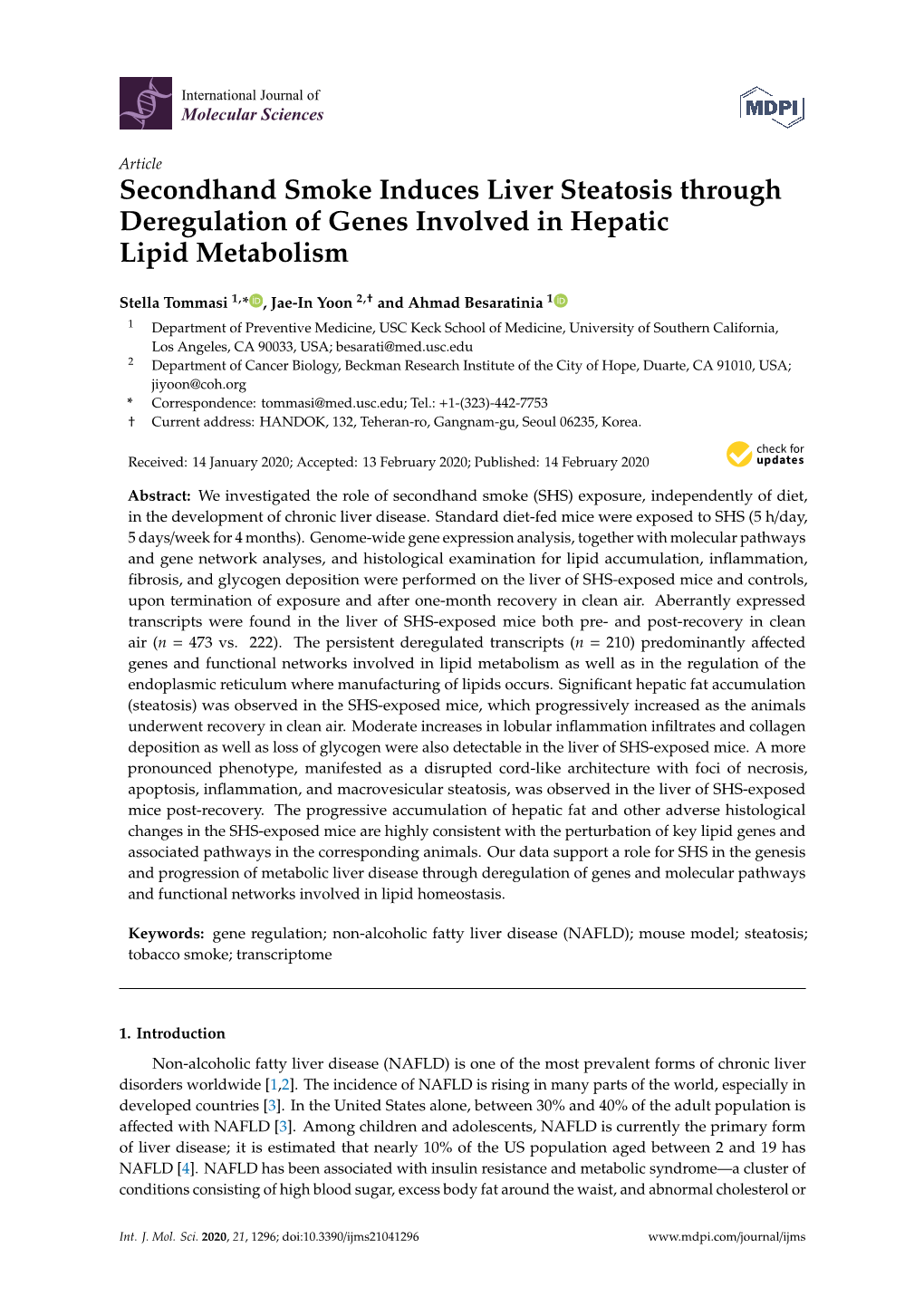 Secondhand Smoke Induces Liver Steatosis Through Deregulation of Genes Involved in Hepatic Lipid Metabolism