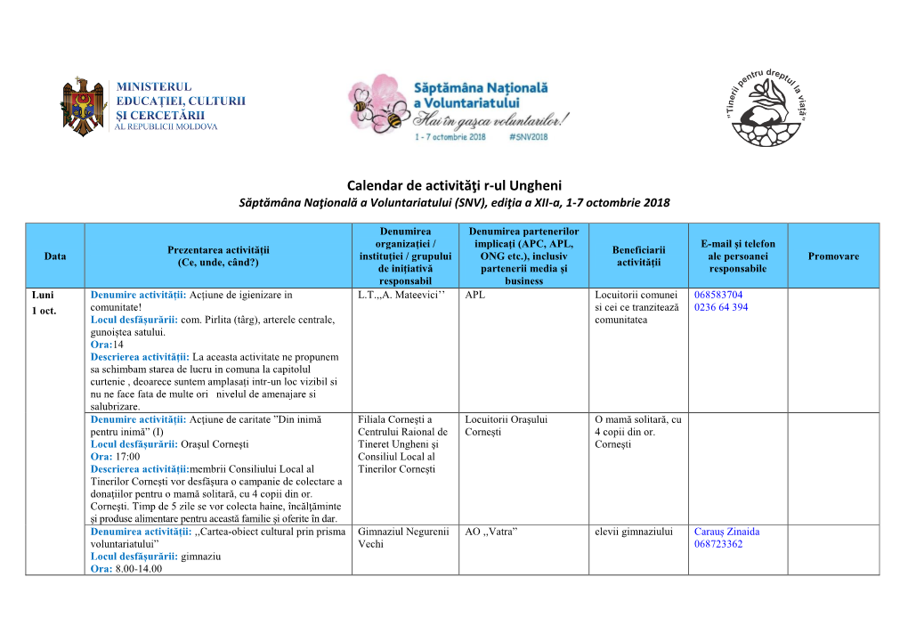 Calendar De Activităţi R-Ul Ungheni Săptămâna Naţională a Voluntariatului (SNV), Ediţia a XII-A, 1-7 Octombrie 2018