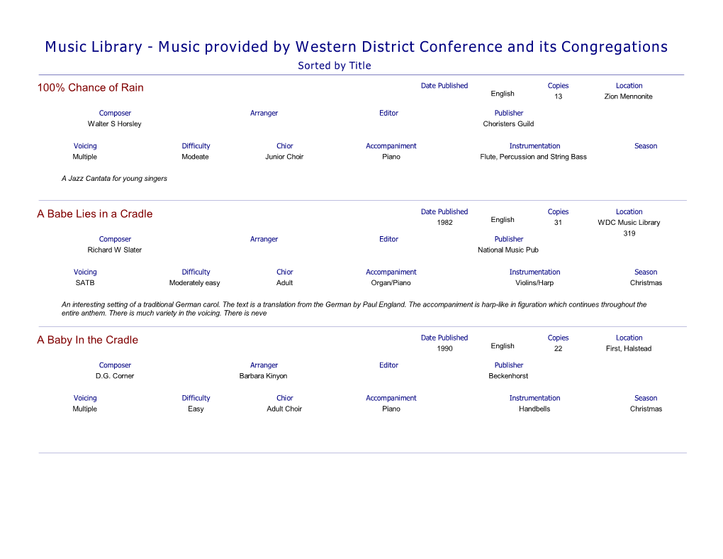 Music Library - Music Provided by Western District Conference and Its Congregations Sorted by Title