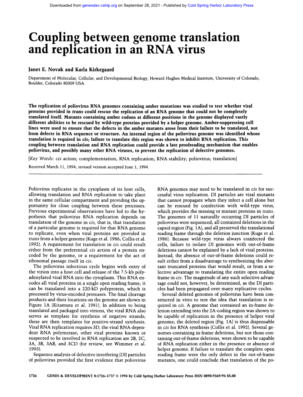 Coupling Between Genome Translation and Replication in an RNA Virus