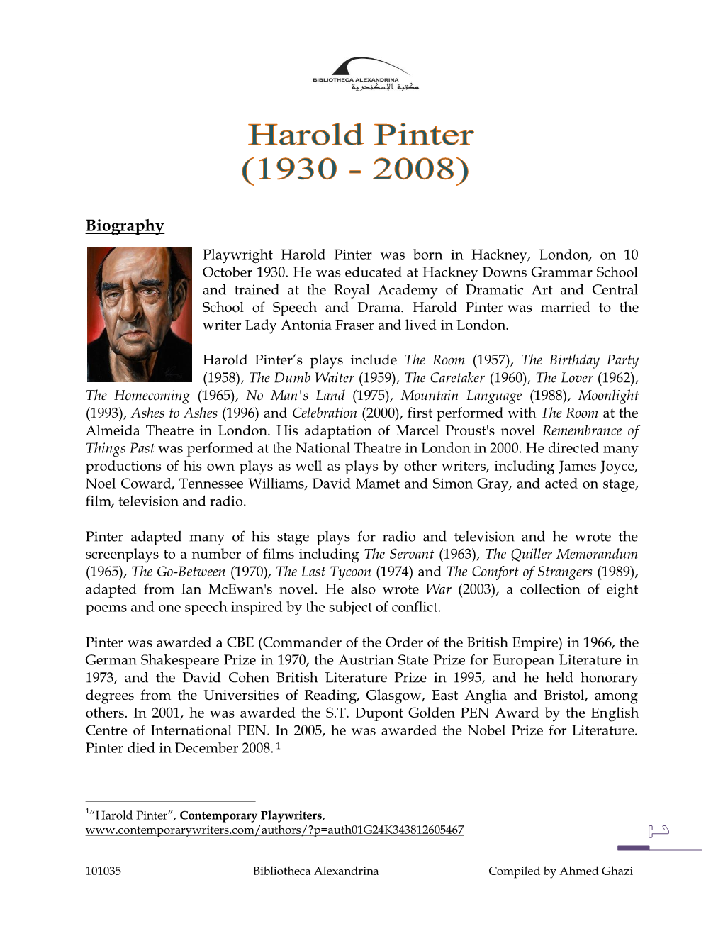 Biography Playwright Harold Pinter Was Born in Hackney, London, on 10 October 1930