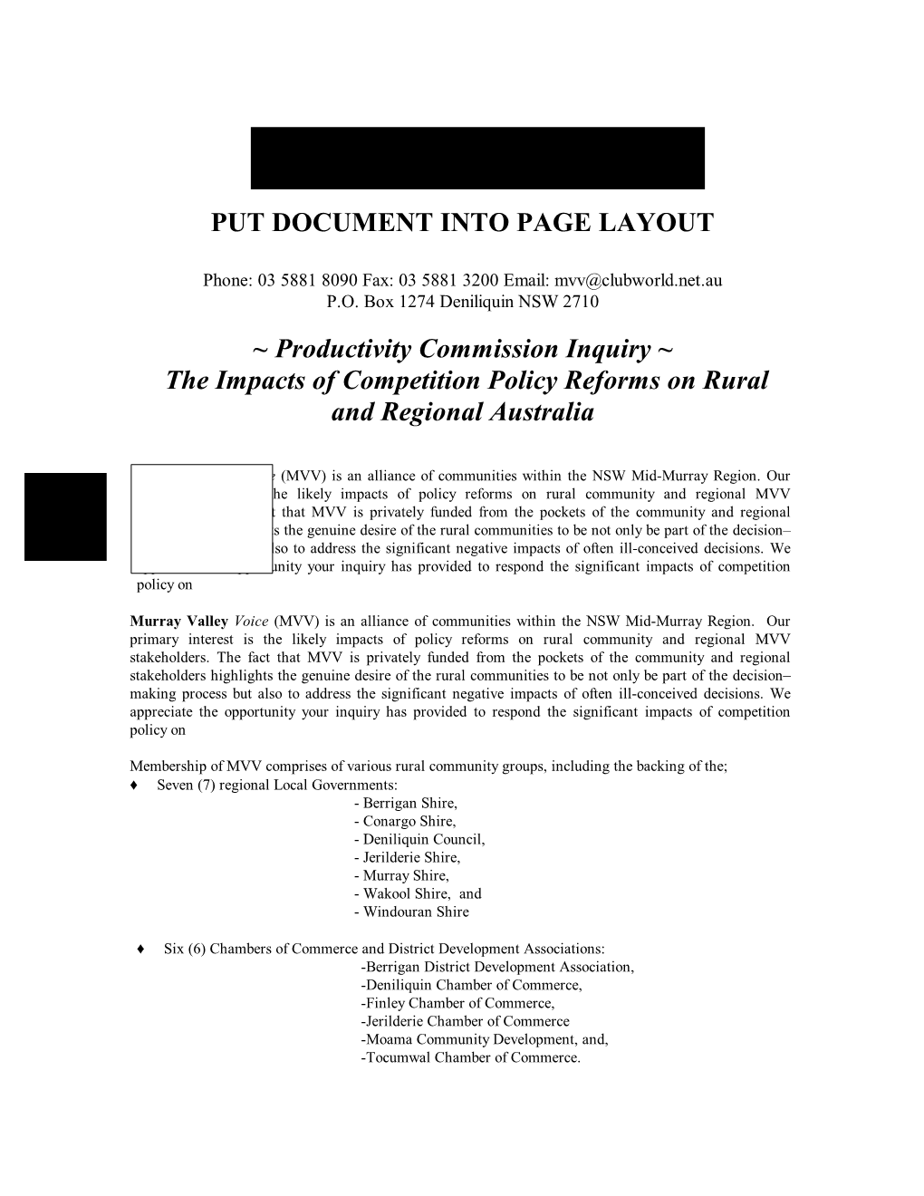 Productivity Commission Inquiry ~ the Impacts of Competition Policy Reforms on Rural and Regional Australia
